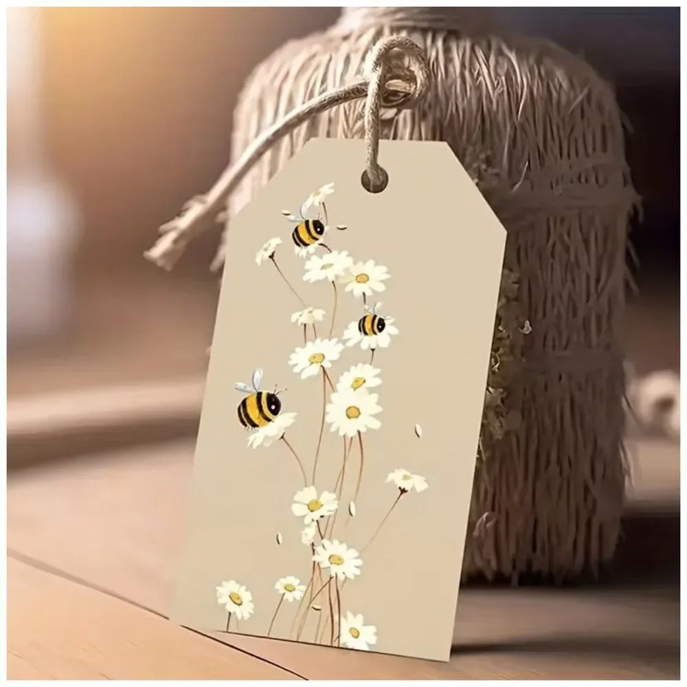 50pcs Bee & Daisy Gift Tags Farmhouse Style Beige & Brown Cottagecore Minimalist